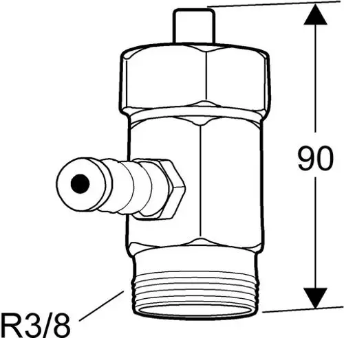 Messnippel mit Ventil, Standardanschluss R 3/8, gefertigt von IMI Hydronic Engineering, mit einem vertikalen Feed auf der Oberseite und einer seitlichen Abgangsleitung.